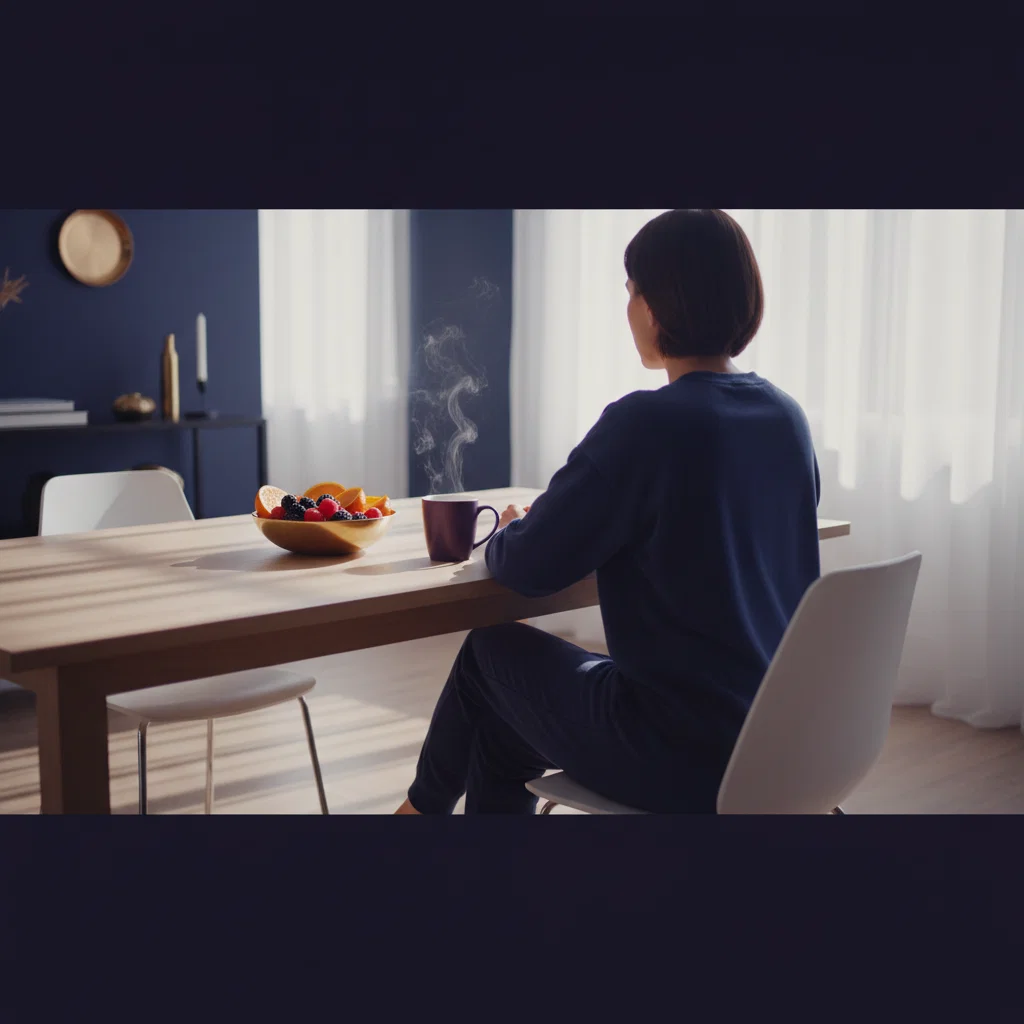Anonymous person from behind enjoying a morning coffee at a bright Scandinavian breakfast table - daily wellness coffee routine